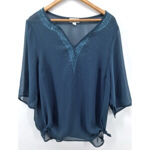 I.N. Studio Plus Sz 1X V-Neck Embellished Blouse Chiffon Boho Sheer JJ38